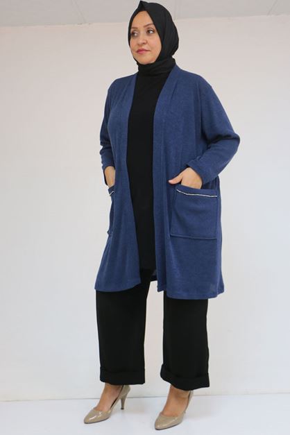 53040 Büyük Beden Cepleri Taş Detaylı Mir Ceket - İndigo