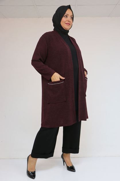 53040 Büyük Beden Cepleri Taş Detaylı Mir Ceket - Mürdüm