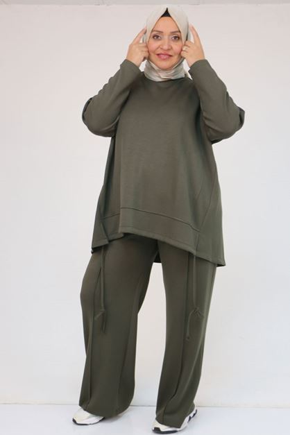 57050 Büyük Beden Etek Ucu Parçalı Modal Pantolonlu Takım - Haki