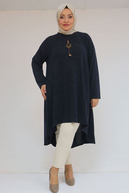 58125 Büyük Beden Eteği Oval Kesim Kolyeli Mir Tunik - Lacivert