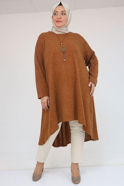 58125 Büyük Beden Eteği Oval Kesim Kolyeli Mir Tunik - Taba