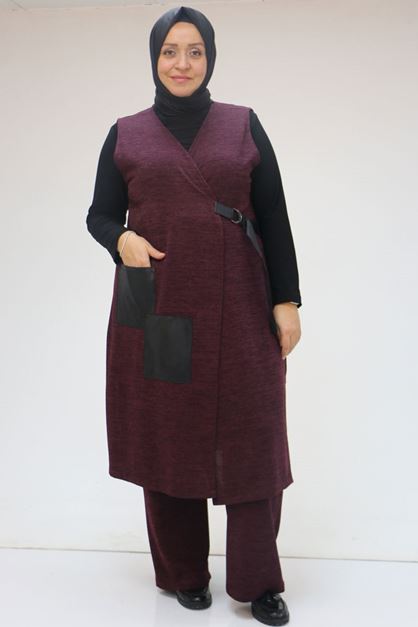 47212 Büyük Beden Yandan Bağlamamlı Yelek-Pantolon Takım - Mürdüm