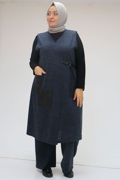 47212 Büyük Beden Yandan Bağlamamlı Yelek-Pantolon Takım - Lacivert
