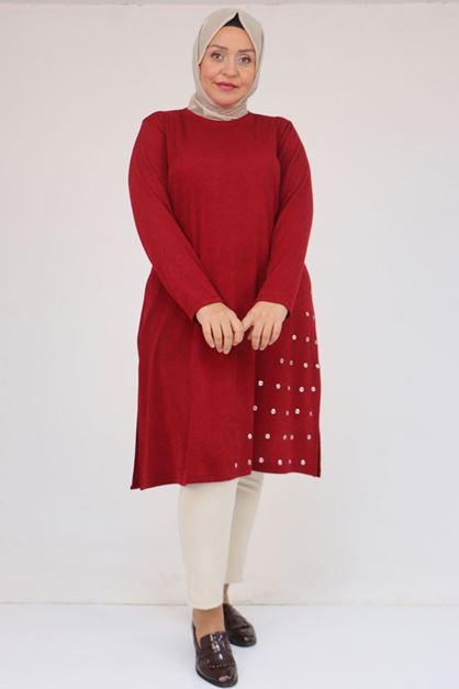 58110 Büyük Beden Yan Dikişinde Kuş Gözü Detaylı Mir Tunik - Bordo