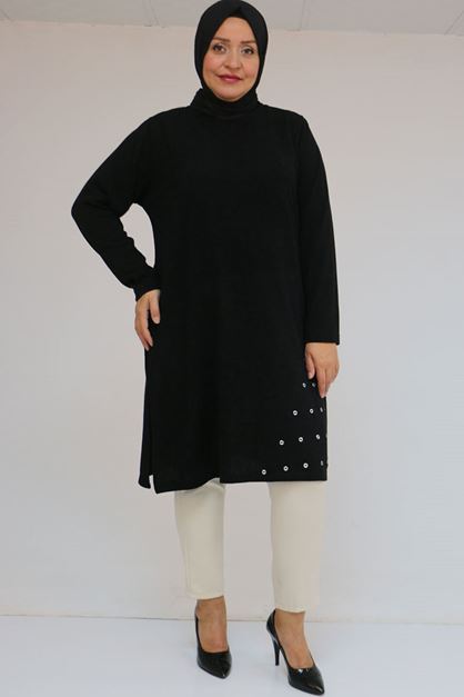 58110 Büyük Beden Yan Dikişinde Kuş Gözü Detaylı Mir Tunik - Siyah