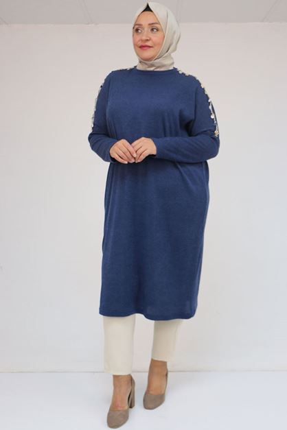 58112 Büyük Beden Omzu Aksesuar Detaylı Düşük Kol Tunik - İndigo
