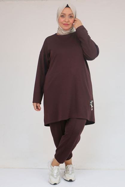 47095 Büyük Beden Yan Tarafı Arma Detaylı Modal Pantolonlu Takım - Kahve