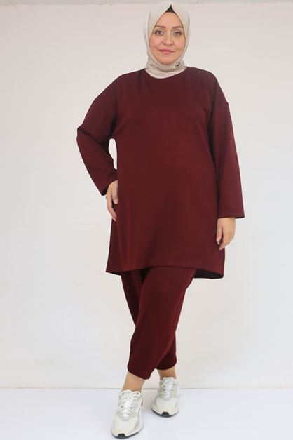 47095 Büyük Beden Yan Tarafı Arma Detaylı Modal Pantolonlu Takım - Bordo