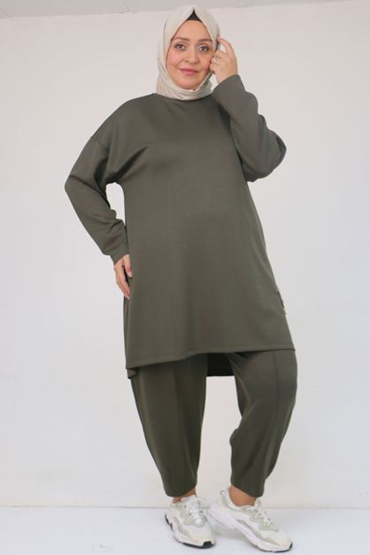 47095 Büyük Beden Yan Tarafı Arma Detaylı Modal Pantolonlu Takım - Haki