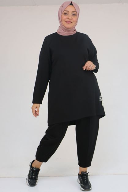 47095 Büyük Beden Yan Tarafı Arma Detaylı Modal Pantolonlu Takım - Siyah