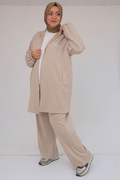 57057 Büyük Beden Fermuarlı Pantolonlu Modal Takım - Bej