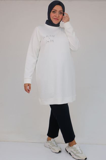 58128 Büyük Beden Baskı Detaylı Modal Tunik - Ekru