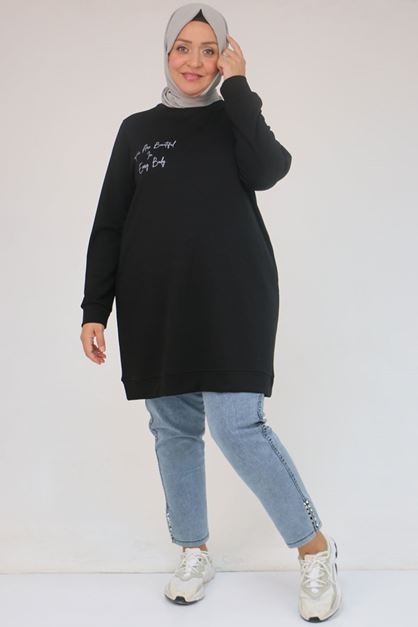 58128 Büyük Beden Baskı Detaylı Modal Tunik - Siyah