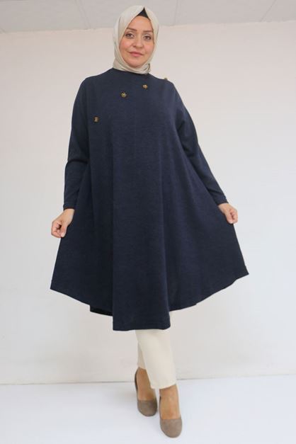 58118 Büyük Beden Çiçek Detaylı Mir Mevlana Tunik - Lacivert