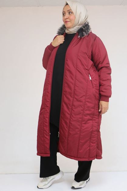 33093 Plus Size Hooded Quilted Jacket-Burgundy