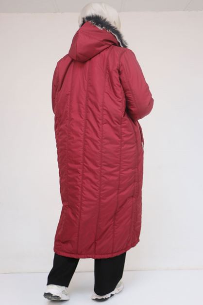 33093 Plus Size Hooded Quilted Jacket-Burgundy