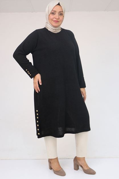 58109 Büyük Beden Patlı Düğmeli Mir Tunik - Siyah