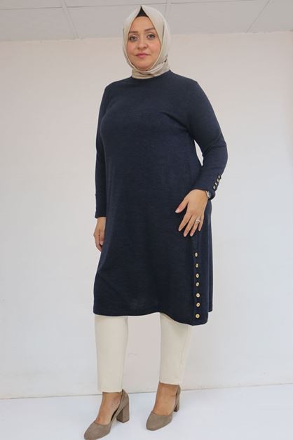 58109 Büyük Beden Patlı Düğmeli Mir Tunik - Lacivert