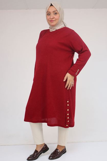 58109 Büyük Beden Patlı Düğmeli Mir Tunik - Bordo