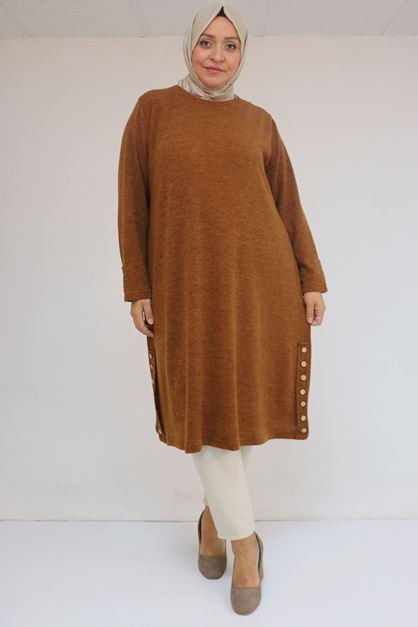 58109 Büyük Beden Patlı Düğmeli Mir Tunik - Taba