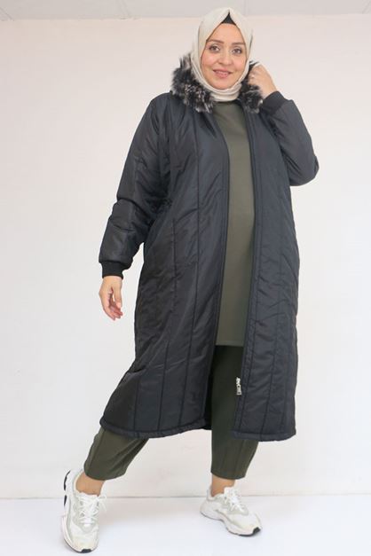 D-33093 Büyük Beden Kapişonlu Kapitone Ceket-Siyah 