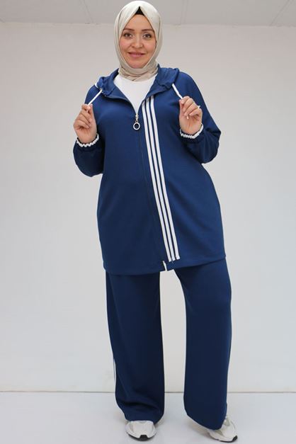 47058 Büyük Beden Şerit Detaylı Osyho Pantolonlu Takım - İndigo