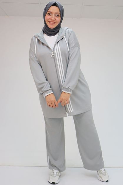 47058 Büyük Beden Şerit Detaylı Modal Pantolonlu Takım - Gri