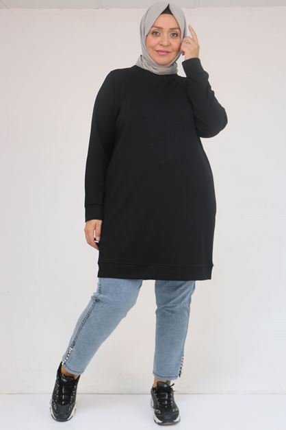 F-58142 Büyük Beden Kolları Manşetli Modal Tunik - Siyah