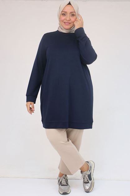 F-58142 Büyük Beden Kolları Manşetli Modal Tunik - Lacivert