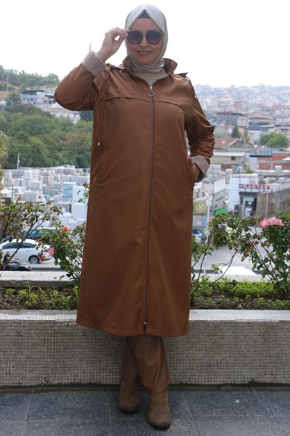 33068 Büyük Beden Kapüşonlu Bondit Kap- Camel