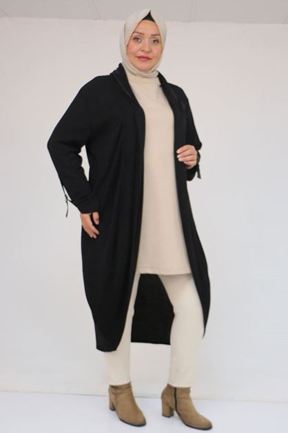 33056 Büyük Beden Petek Triko Waterport Detaylı Ceket -Siyah