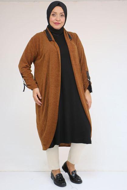 33056 Büyük Beden Petek Triko Waterport Detaylı Ceket -Taba