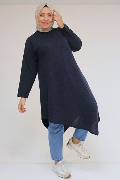 58144 Büyük Beden Hakim Yakalı Mir Tunik - Lacivert