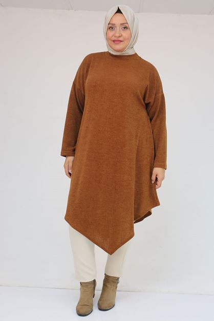 58144 Büyük Beden Hakim Yakalı Mir Tunik - Taba