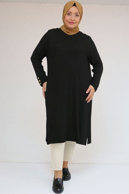 58116 Büyük Beden Kol Ve Omzu Düğme Detaylı Çilek Tunik - Siyah