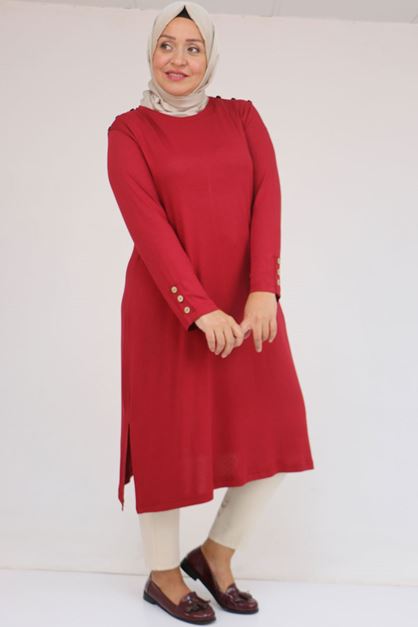 58116 Büyük Beden Kol Ve Omzu Düğme Detaylı Çilek Tunik - Bordo