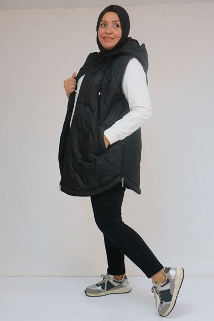 44007 Büyük Beden Yanı Yırtaçlı Oval Kesim Kapitone Yelek - Siyah