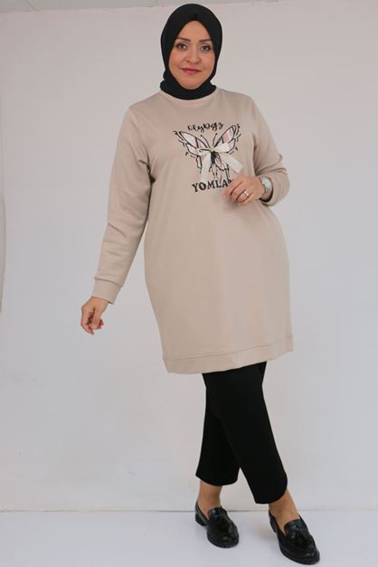 58145 Büyük Beden Kelebek Baskılı Modal Tunik - Vizon