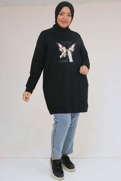58145 Büyük Beden Kelebek Baskılı Modal Tunik - Siyah
