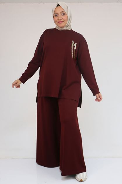 57043 Büyük Beden Yanı Yırtmaçlı Modal Pantolonlu Takım - Bordo