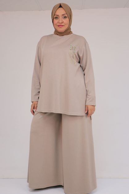 57043 Büyük Beden Yanı Yırtmaçlı Modal Pantolonlu Takım - Vizon