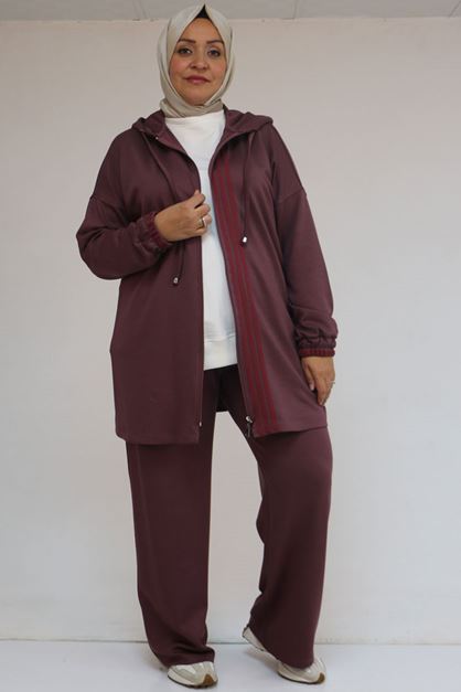 57056 Büyük Beden Renge Renk Garnili Modal Pantolonlu Takım - Gül Kurusu