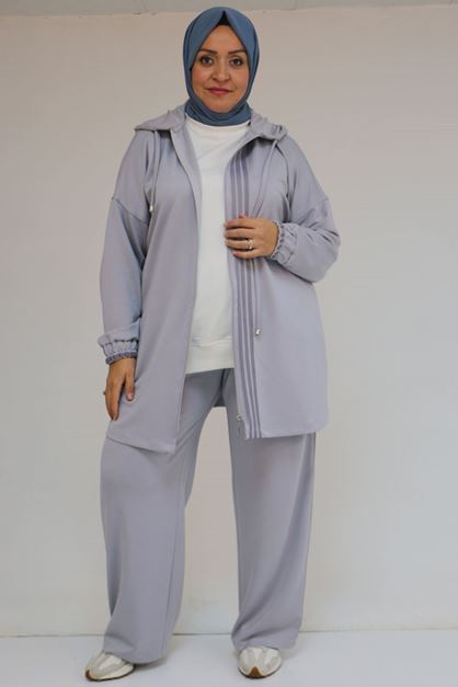57056 Büyük Beden Renge Renk Garnili Modal Pantolonlu Takım - Gri
