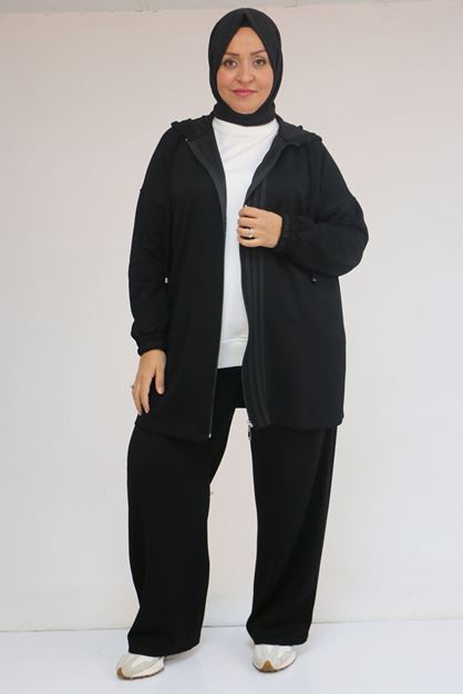 57056 Büyük Beden Renge Renk Garnili Modal Pantolonlu Takım - Siyah