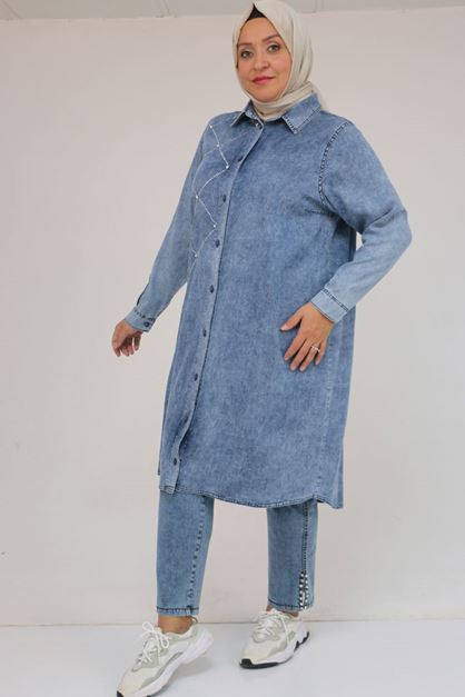 D-58123 Büyük Beden Önü Taş Detaylı Kot Düğmeli Tunik - Lacivert