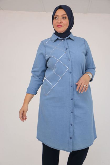 D-58123 Büyük Beden Önü Taş Detaylı Kot Düğmeli Tunik - Petekli 
