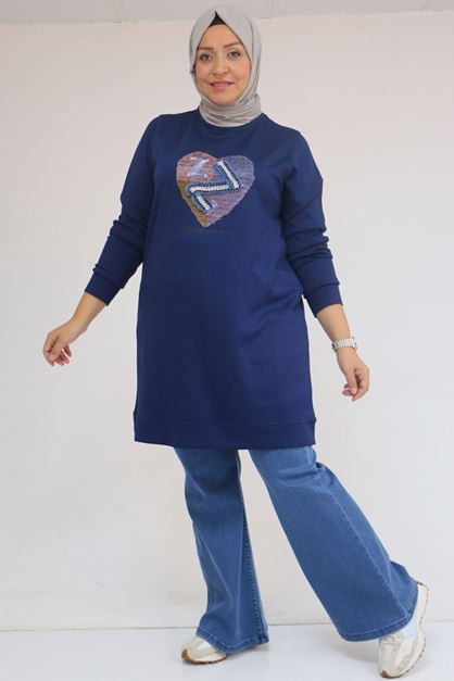 58141 Büyük Beden Önünde Kalp Baskılı Modal Tunik - İndigo