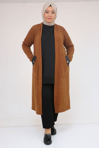 53035 Büyük Beden Cep Detaylı Mir Ceket - Taba