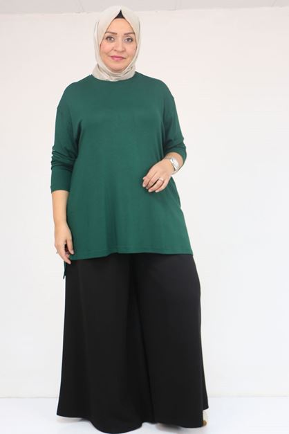 58119 Büyük Beden Yanı Yırtmaçlı Çilek Tunik - Zümrüt