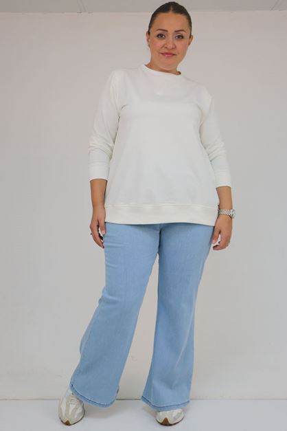 D-9137-18 Büyük Beden Beli Lastikli İspanyol Paça Kot Pantolon - Buz Mavi 